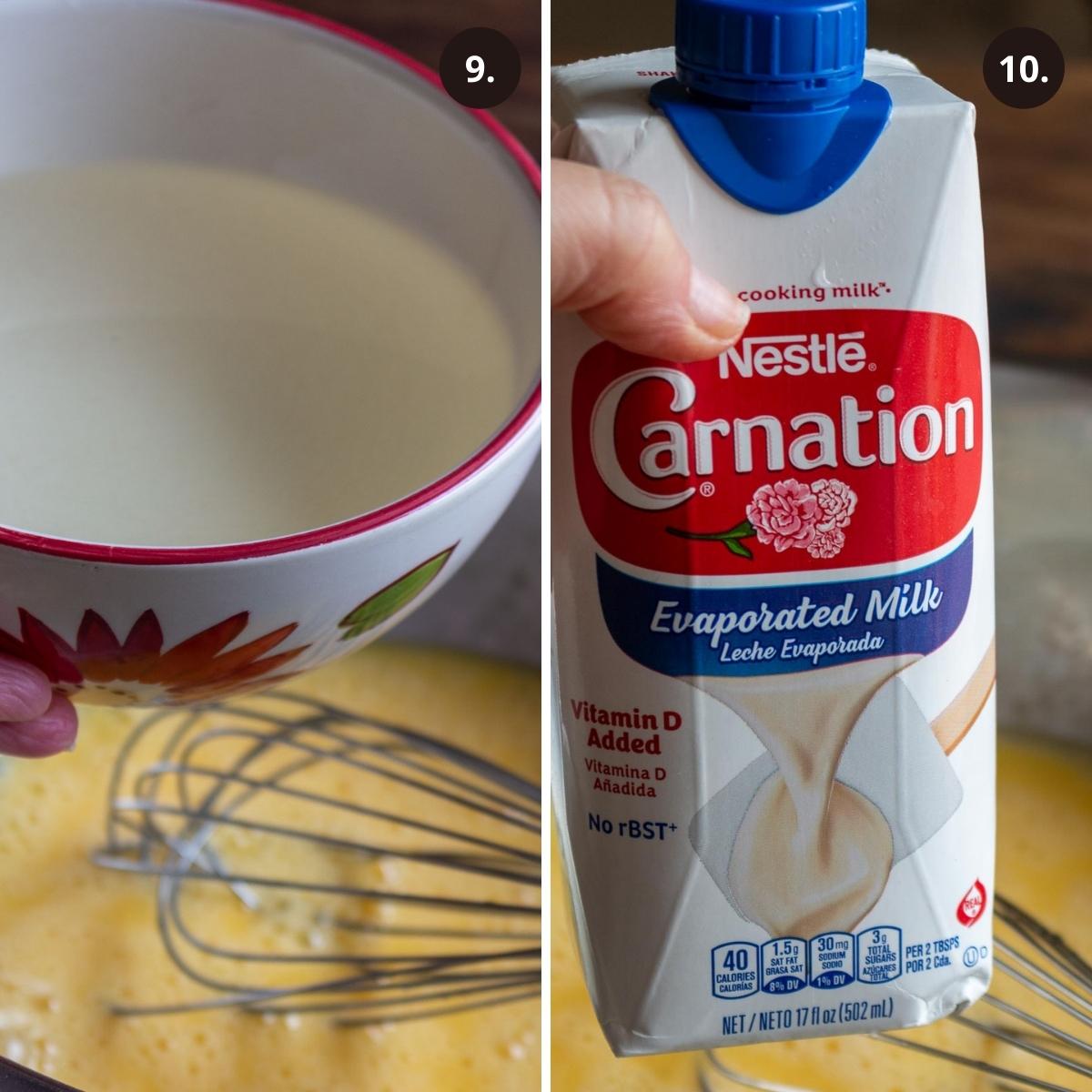 Adding in cooled sugar water and evaporated milk into the eggs.