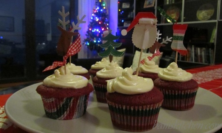 Red velvet chocolate cupcakes with cream cheese frosting