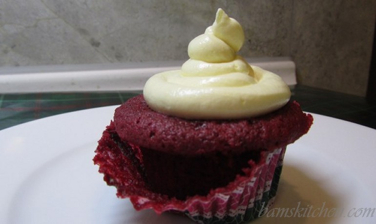 Red velvet chocolate cupcakes with cream cheese frosting