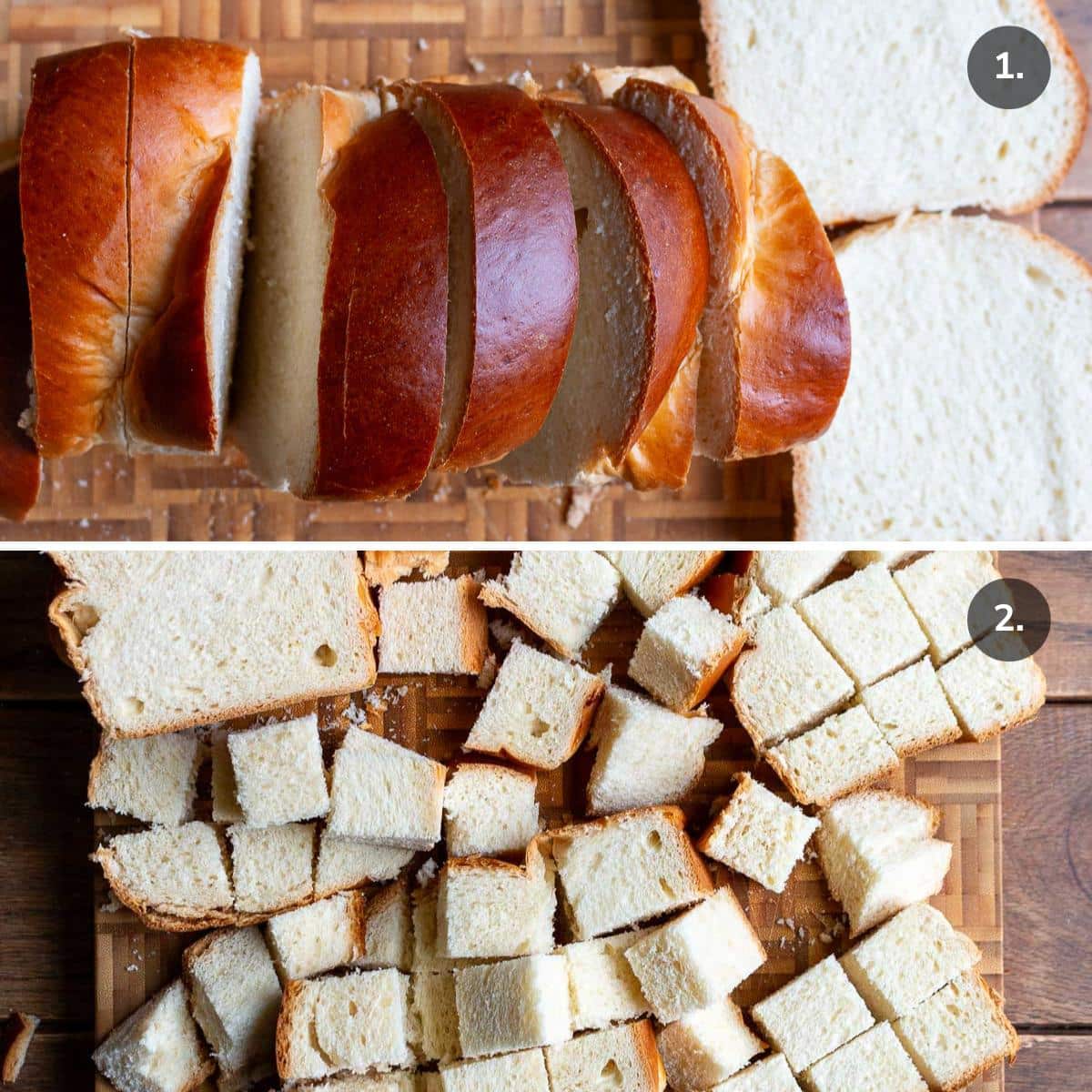 Stale Brioche bread sliced and cut into cubes. 