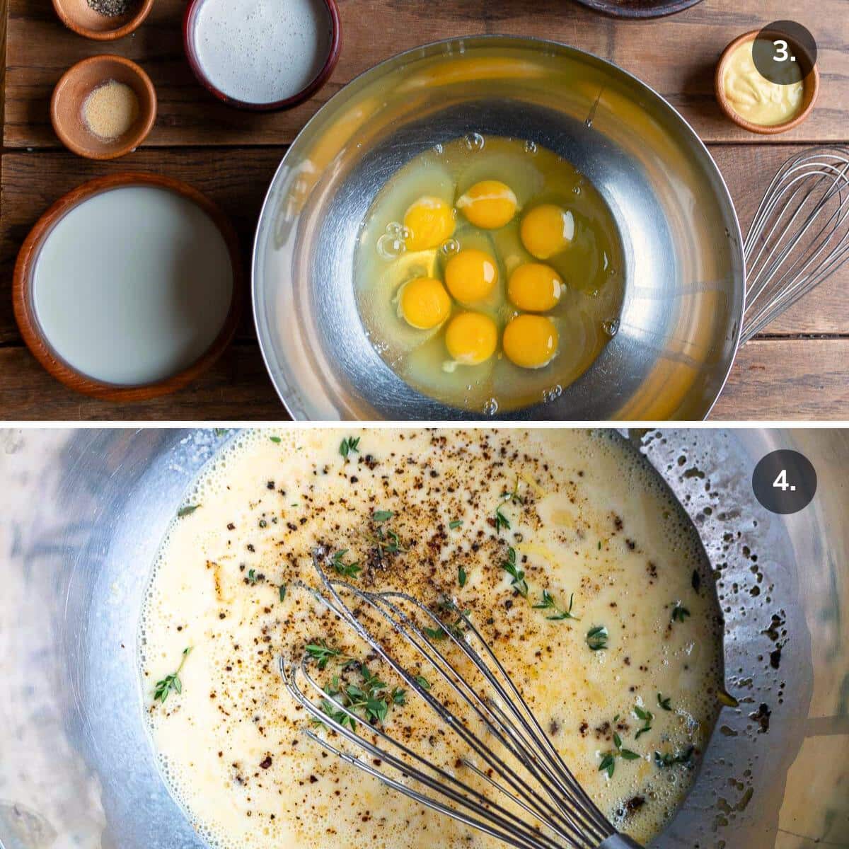 Ingredients to make the savory custard laid on the table and then mixed together in a large silver bowl. 