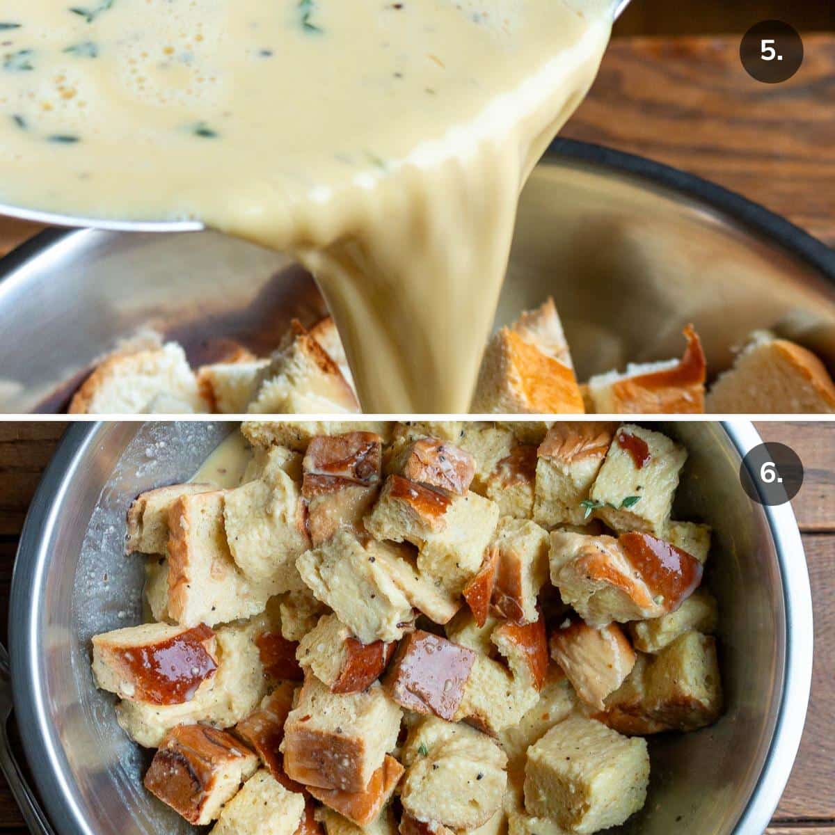 Pouring the savory custard over the bread cubes. 