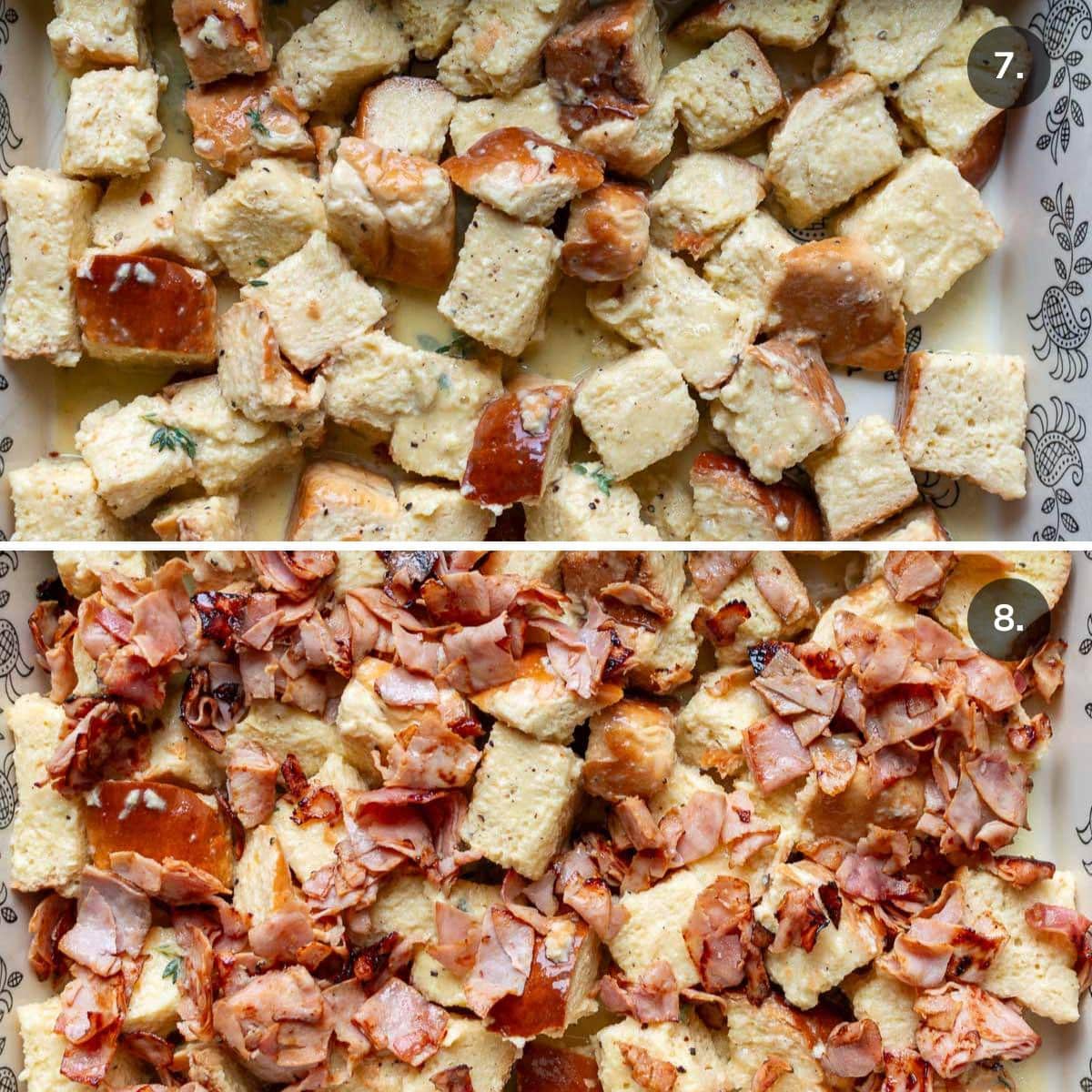 In a 9 x 13 baking dish soaked bread cubes and topped with sauteed ham. 