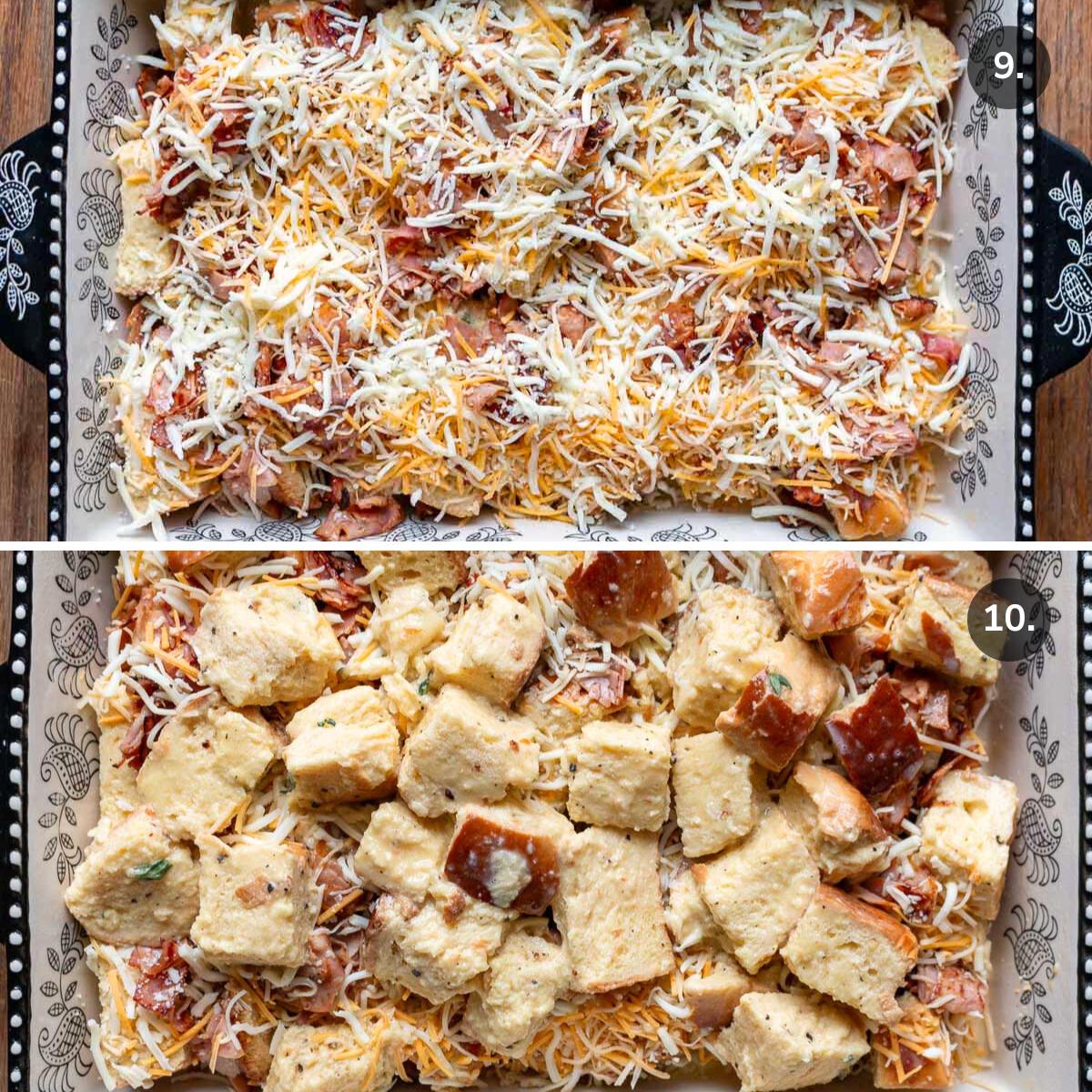 Adding a layer of cheese and then another layer of soaked brioche bread. 