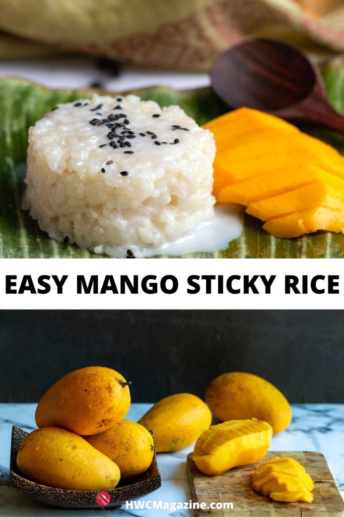 Top is mango sticky rice on a banana leaf and bottom photo is fresh mangoes on a cutting board.