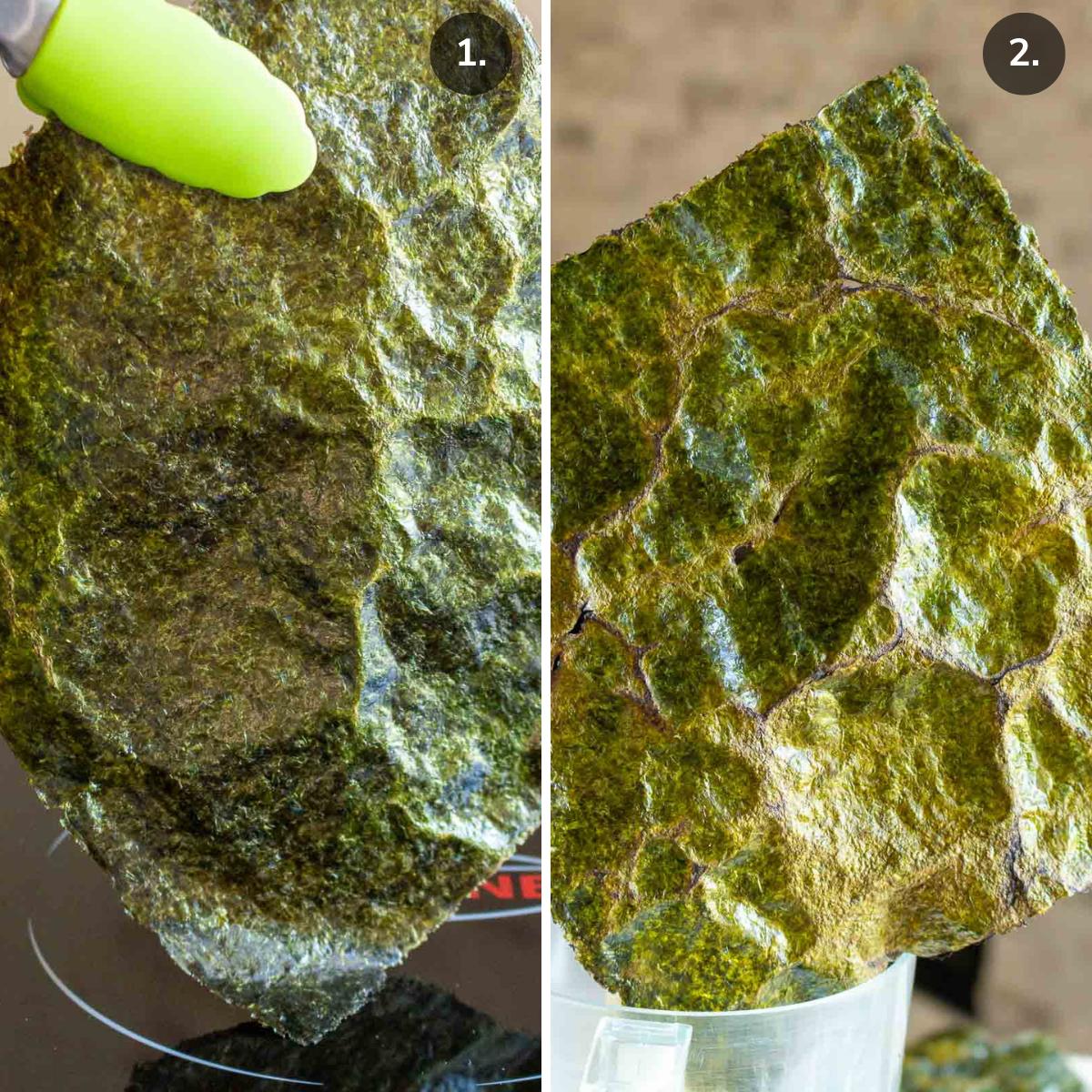 Roasting nori sheets over stovetop burner showing how they turn a bright green color. 