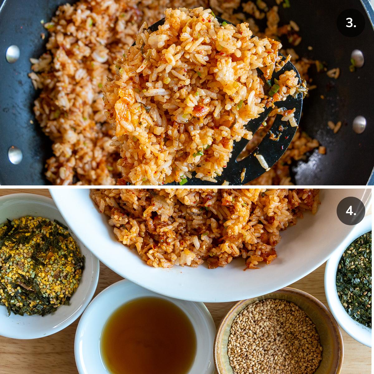 Frying up the kimchi rice with gochujang and all the ingredients to roll the rice balls laid out on the table. 