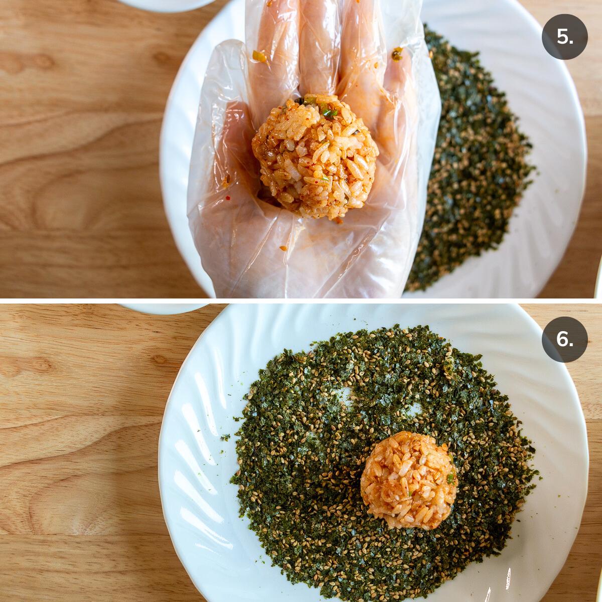 Rolled Kimchi rice ball in a gloved hand ready to cover in the homemade nori furikake.