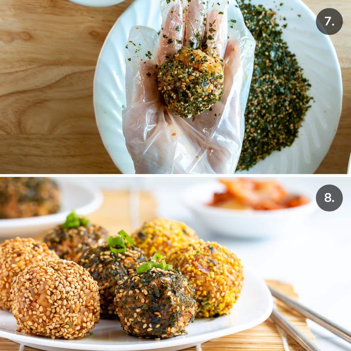 Korean rice balls rolled into the homemade rice seasonings. 