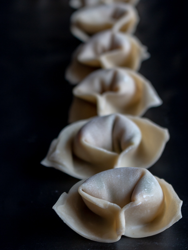 Super close up shot of prepared wontons ready to cook. They looks just like little nun caps. Super cute. 