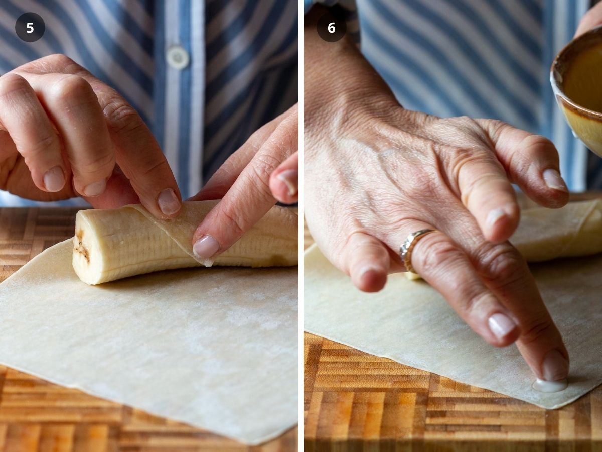 Banana placed in wrapper and cornstarch paste applied.