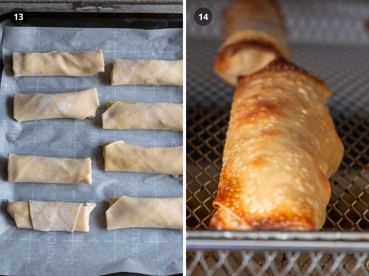 Banana spring rolls on a baking sheet and spring rolls in the air fryer cooking.