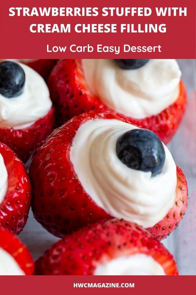 Strawberries stuffed with lemon cream cheese filling and topped with blueberries.