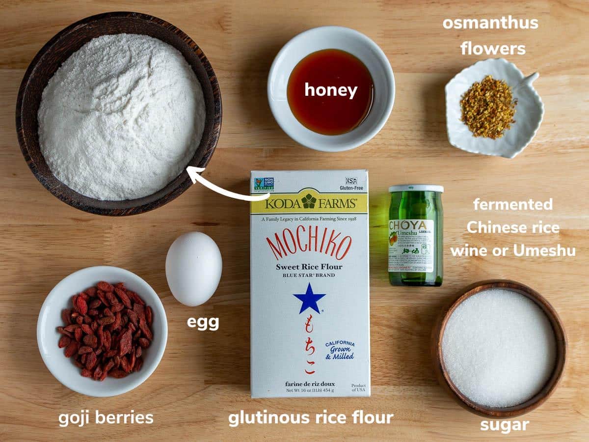 Ingredients to make tang yuan laid out on a wooden table.