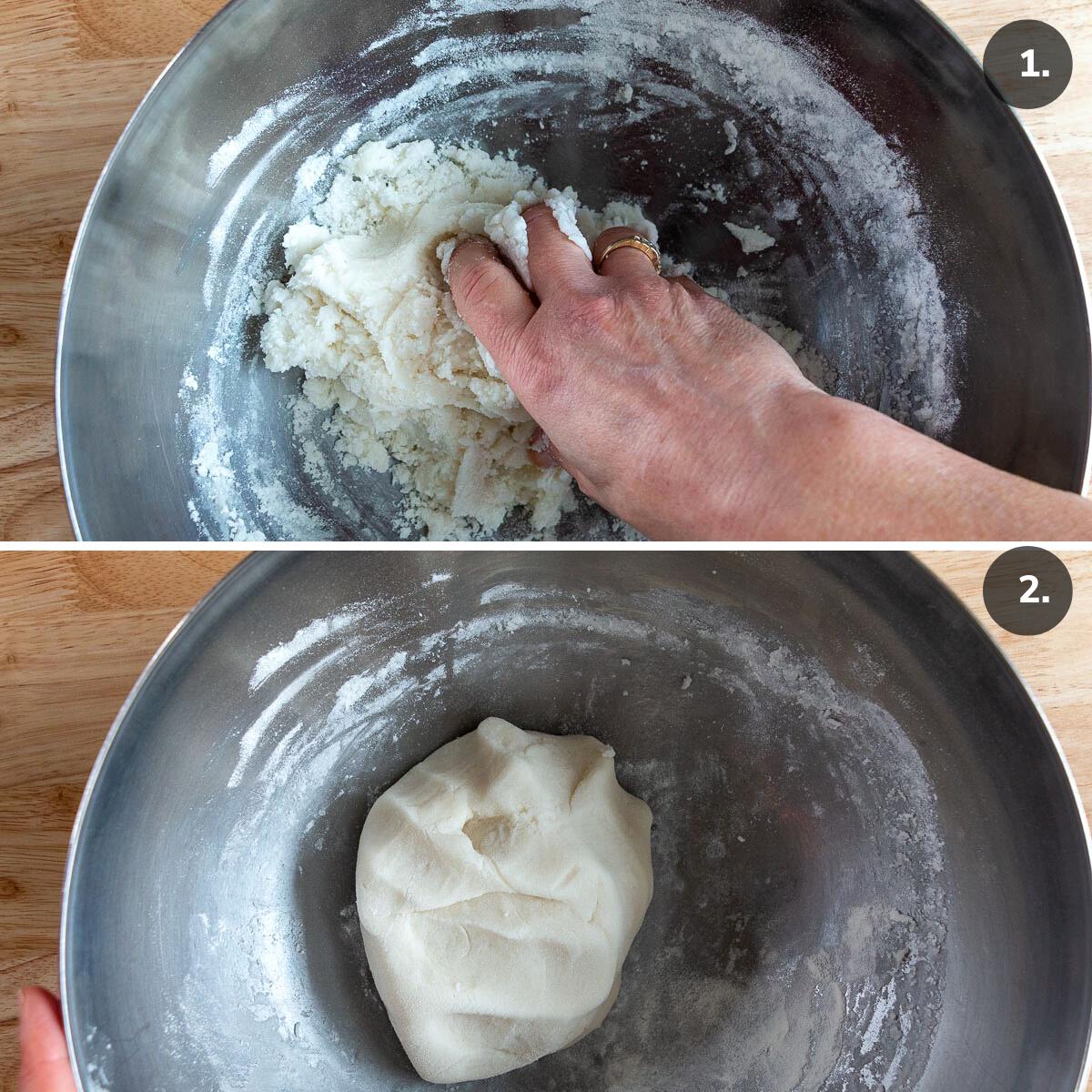 Mixing the glutinous rice flour with the sugar and water.