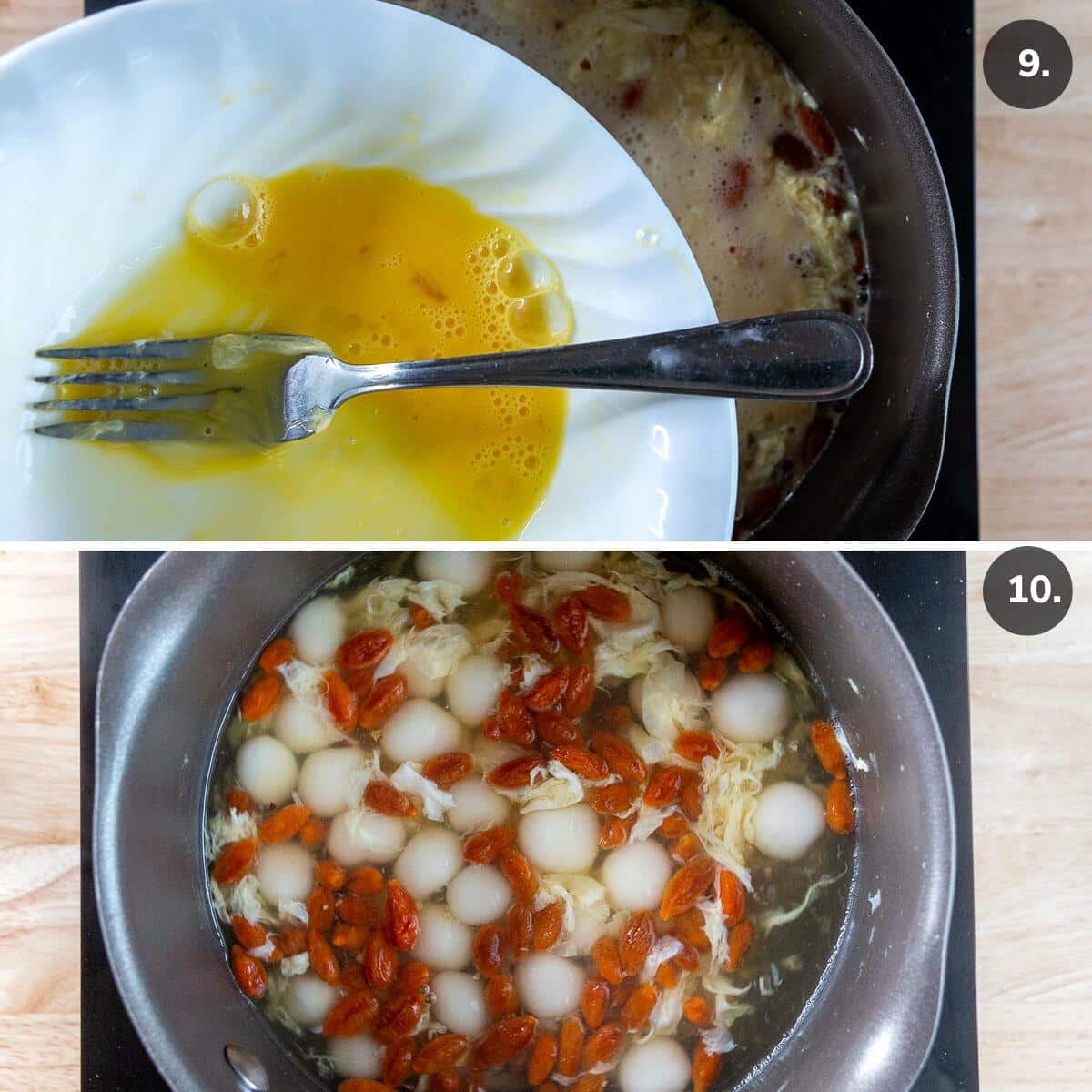 Adding the egg gently into the soup and showing the tang yuan has floated to the top of the soup.