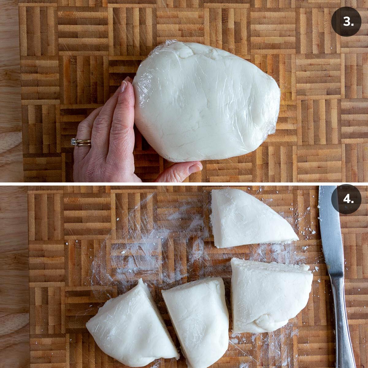 Removing the plastic wrap from the dough and cutting into 4 pieces. 