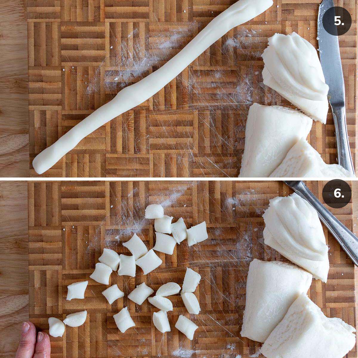 Rolling the tang yuan dough into a rope and then cutting it into sections.