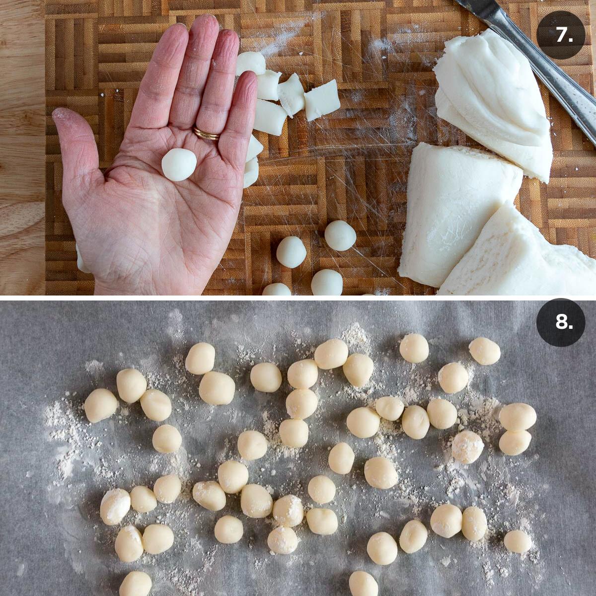 Rolling the glutinous rice balls in our hands and then placing them on a lined baking sheet.