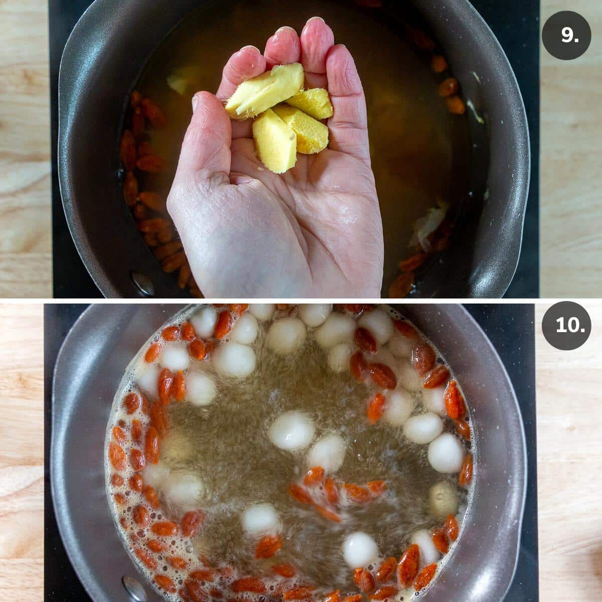 Adding the ginger, goji berries and uncooked glutinous rice balls into the sweet soup.