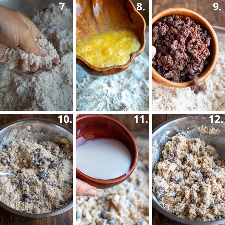 Step 7 to 12 showing adding the rest of the ingredients like eggs, raisins and milk.