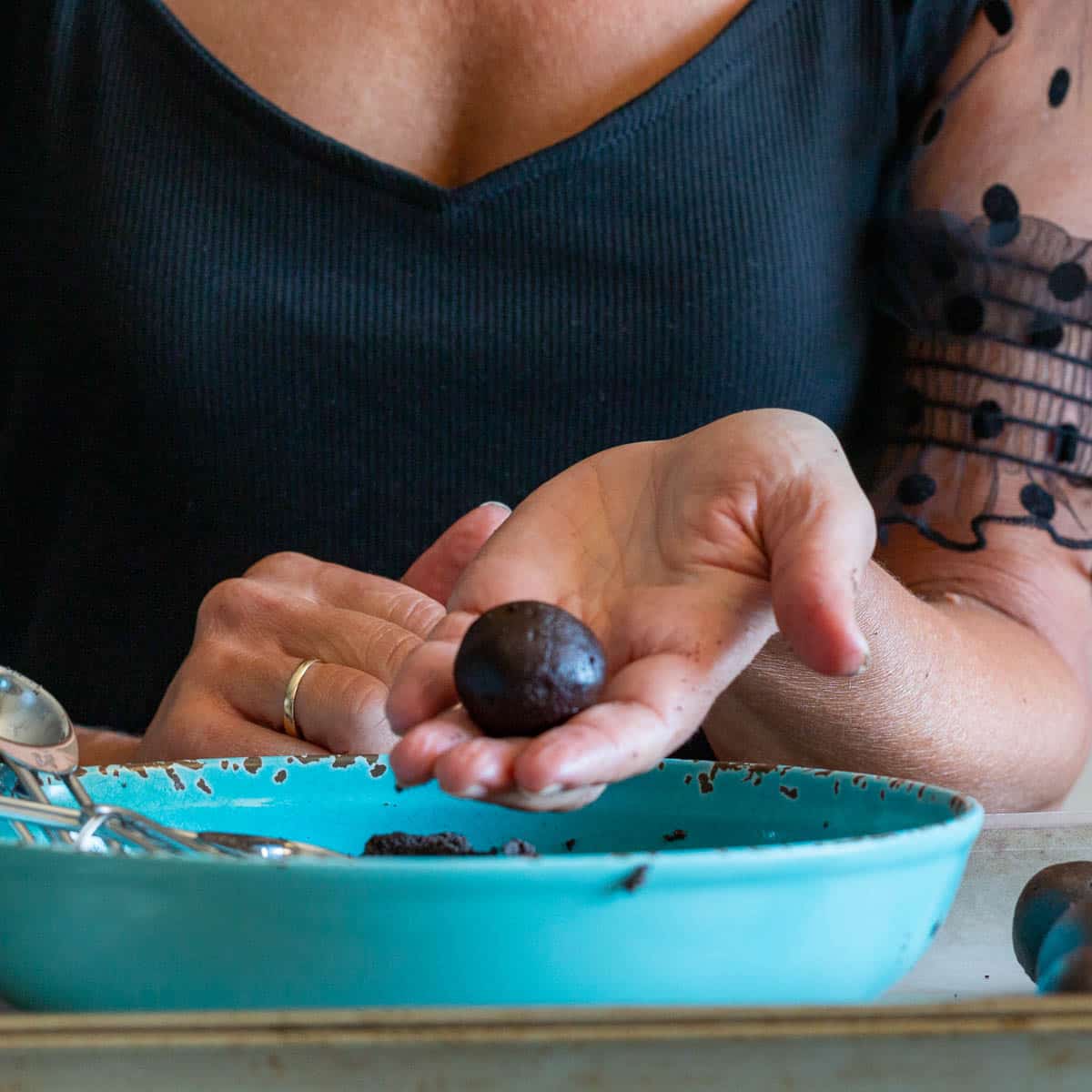 Making Oreo balls with our hands. 