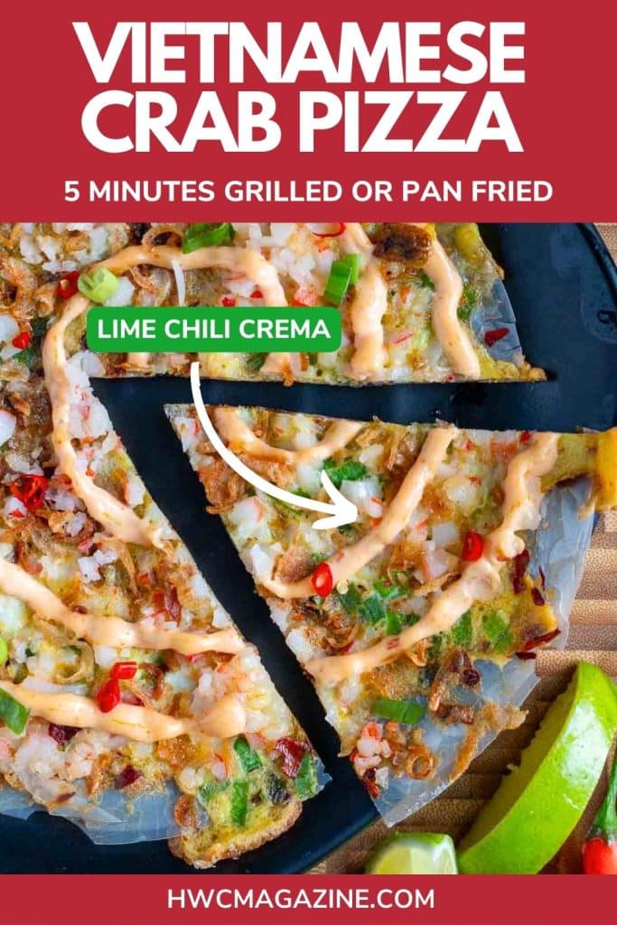 Crispy grilled Vietnamese pizza sliced with lime chili mayo.