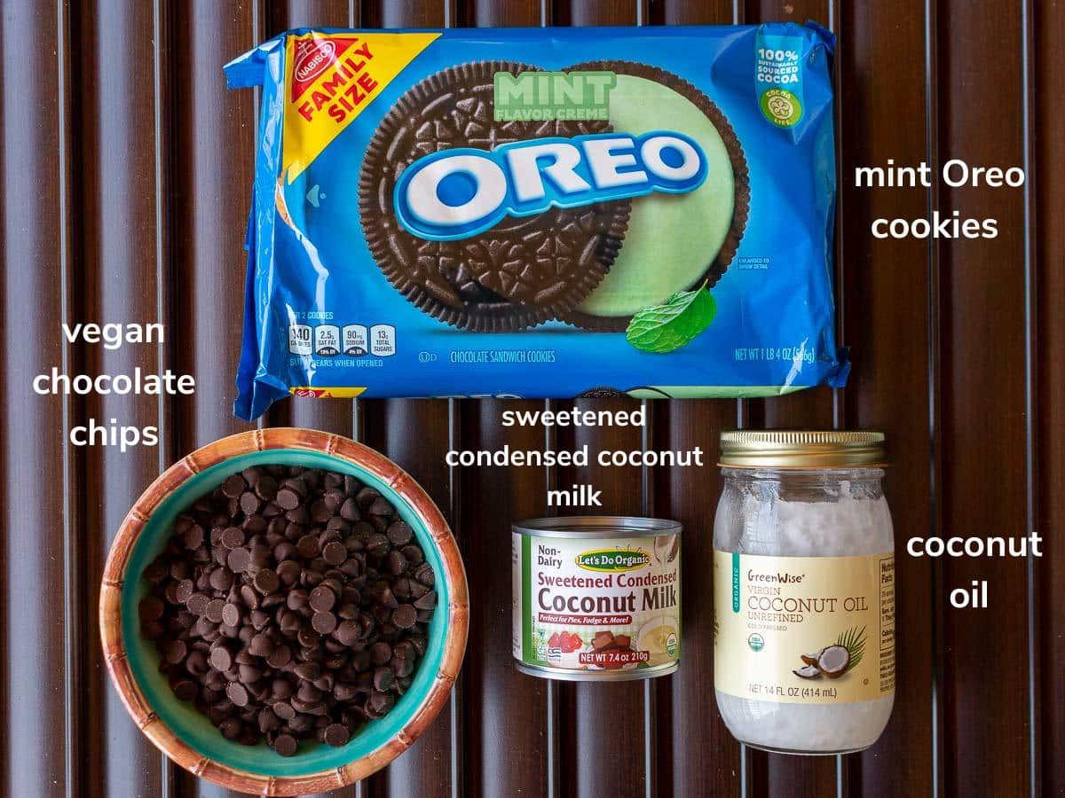 Ingredients to make vegan mint Oreo balls.