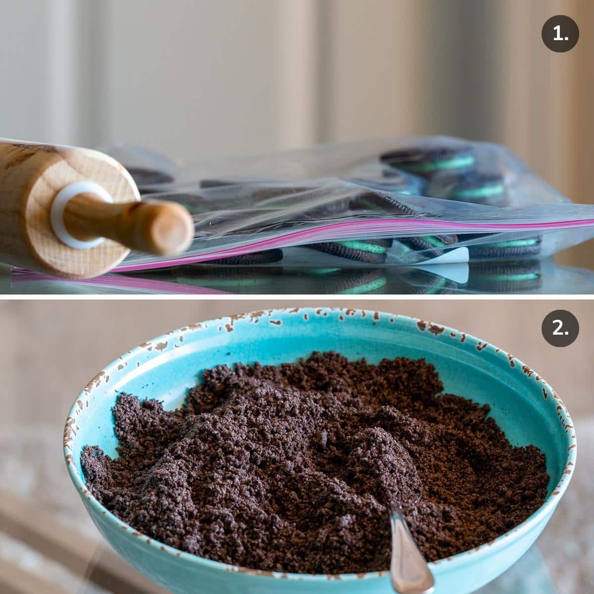 Crushing Oreo cookies with a rolling pin and a bowl of the crushed mint Oreo cookies. 
