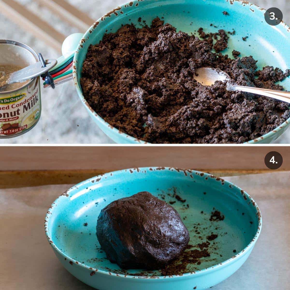 Coconut Sweet condensed milk getting added to the mint Oreo cookie crumbs and then shaped into a ball. 