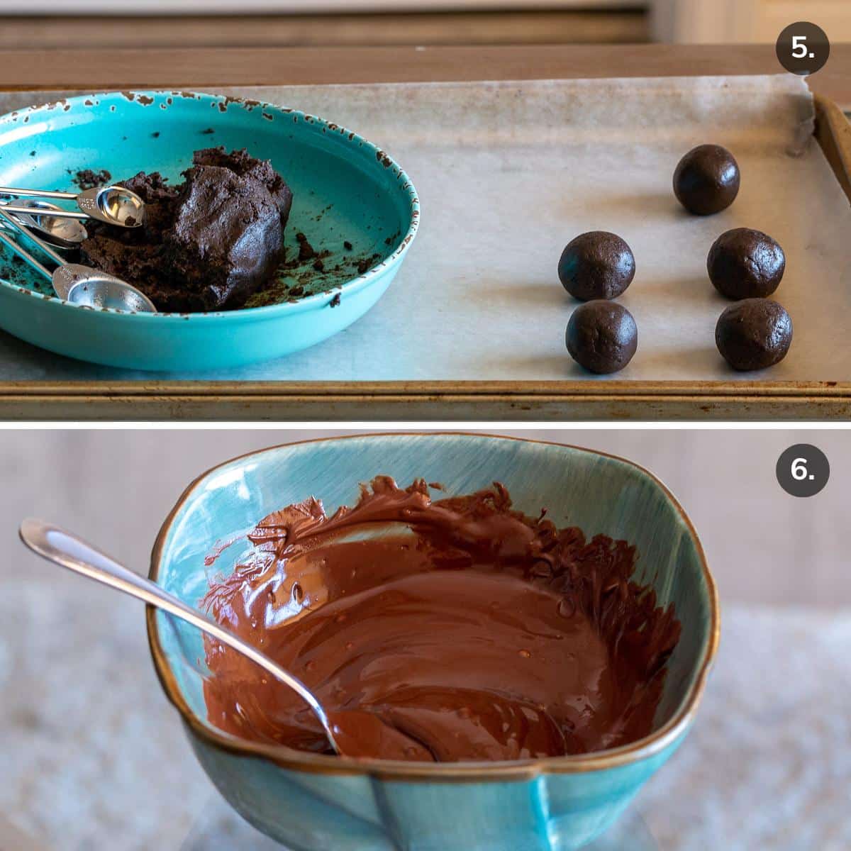 Forming the mint Oreo truffles into balls and melting the vegan chocolate chips. 