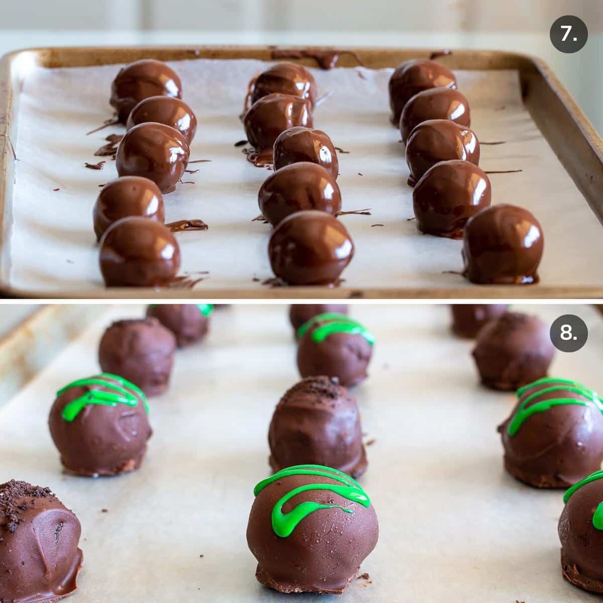 Vegan mint truffles dipped into chocolate and then decorated with sprinkles and green icing.