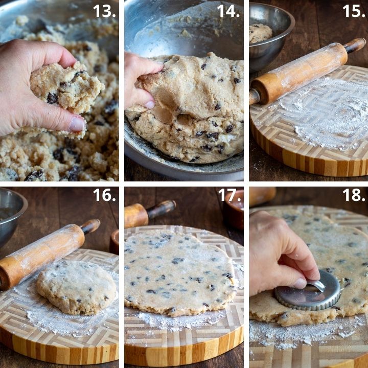 Steps 13 to 18 showing how to gather the dough and roll it out.