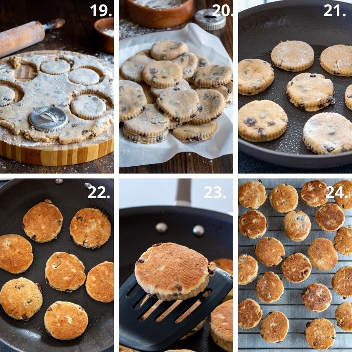 Steps 19 to 24 showing how to cook the little cakes on the griddle. 