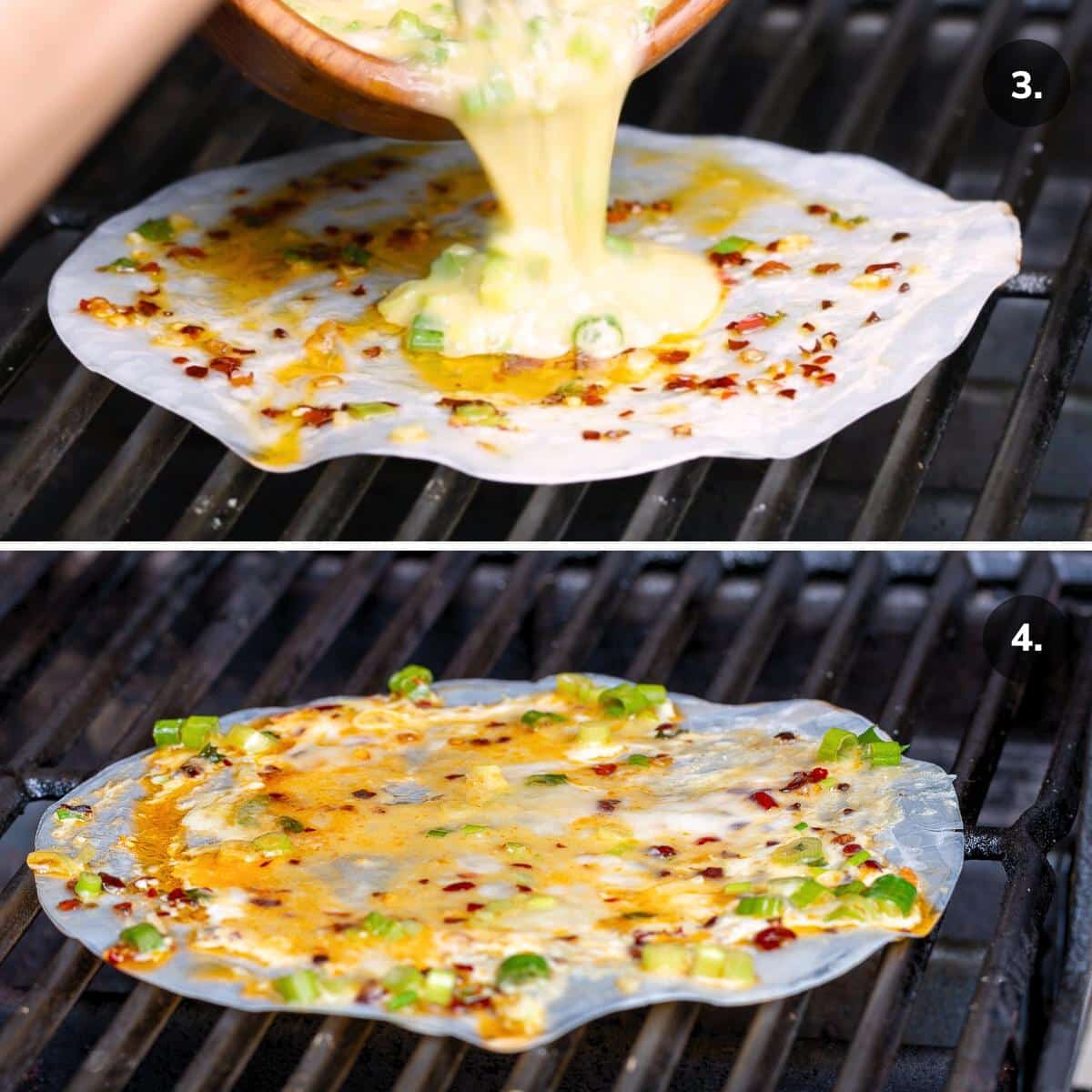 Adding the egg and green onion mixture to top of grilled rice paper.