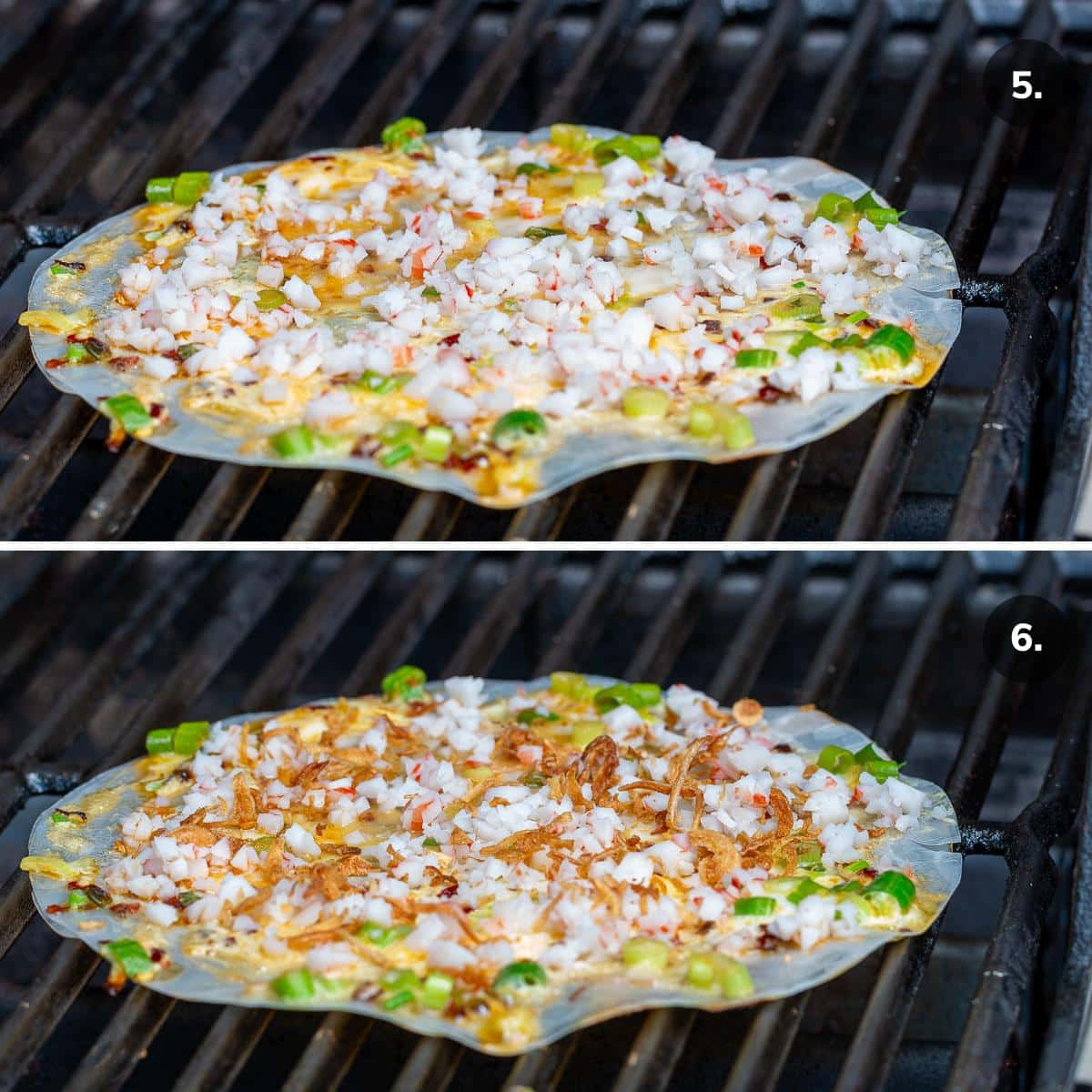 Topping the grilled Vietnamese pizzas with crab meat and fried shallots.