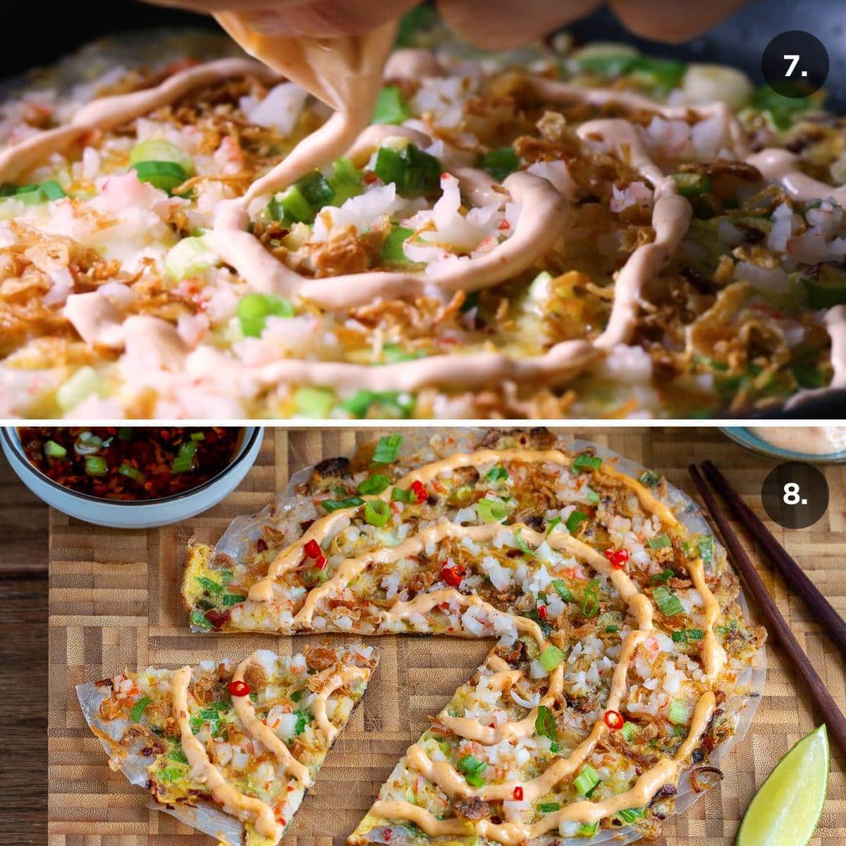 Topping Vietnamese crab pizza with lime chili mayonnaise sauce.