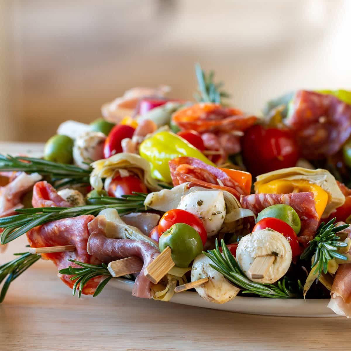 Italian antipasto platter showing the marinated mozzarella balls.