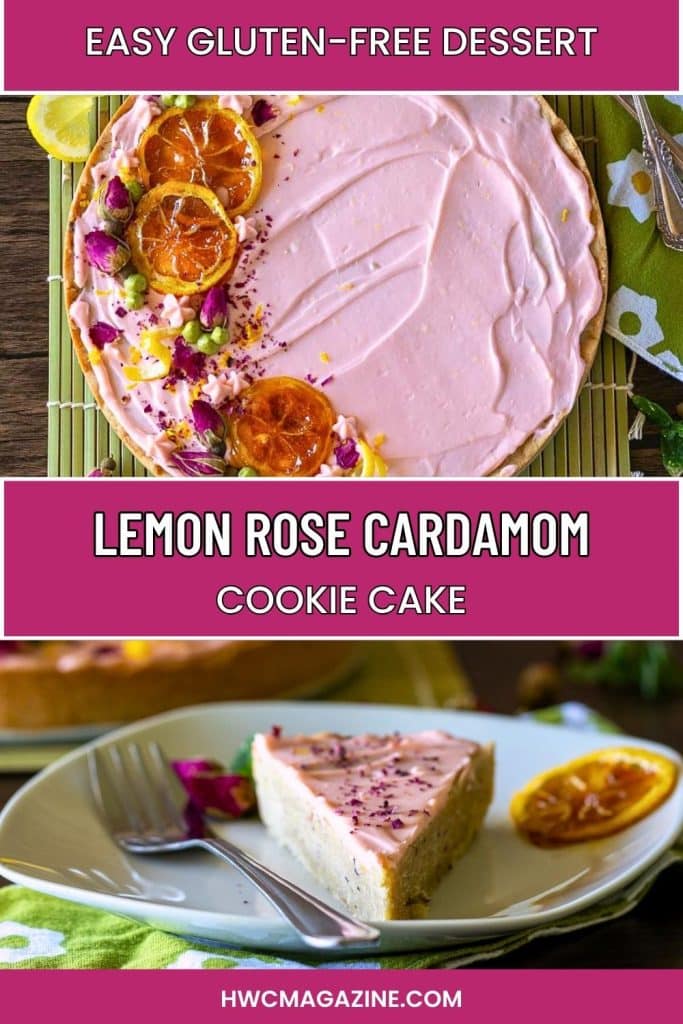 lemon rose cardamom cookie cake with a slice on a white plate.