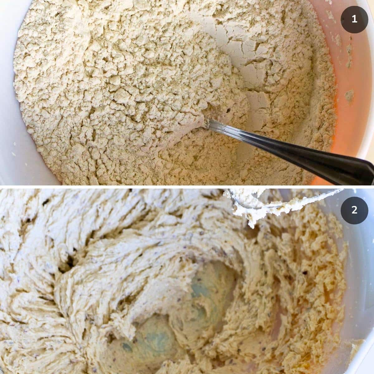 Assembling and mixing the dry ingredients and wet ingredients in separate bowls.