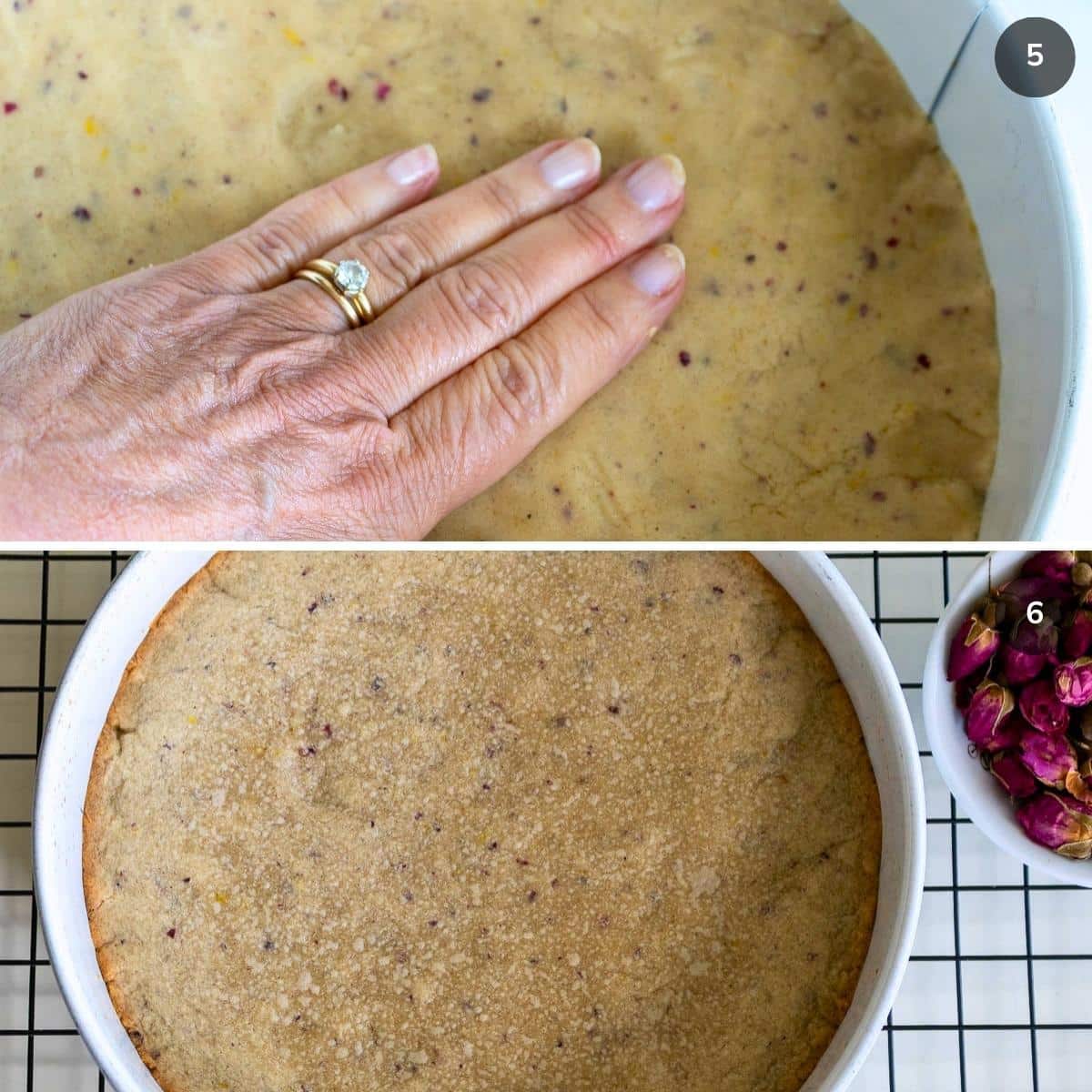 Pressure the cookie cake dough into the springform pan and showing it after baked.