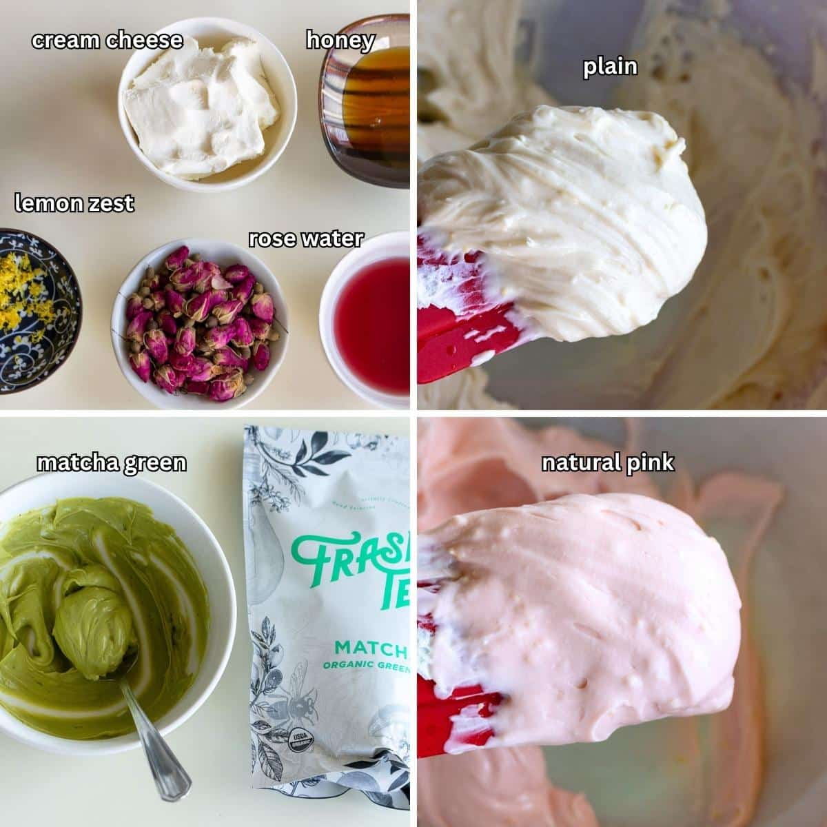 Ingredients to make the frosting and shoring it plain, with matcha and pink natural food dye.