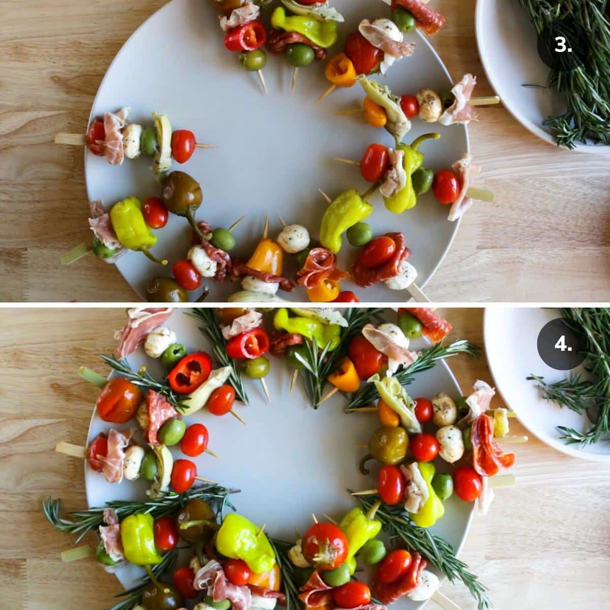 Charcuterie Skewers getting stacked on a white plate with fresh rosemary sprigs.