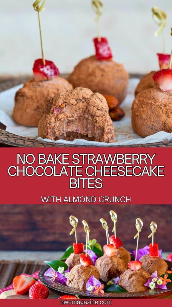 Frozen strawberry chocolate cheesecake bites on a wooden plate.