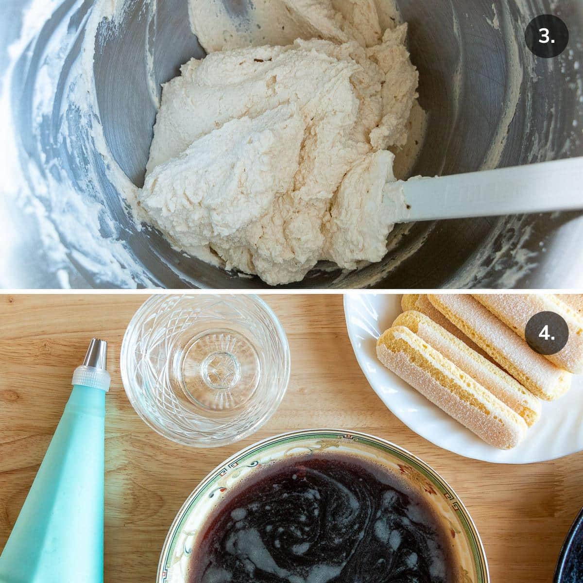 Mascarpone cheese added to whipped cream mixture and everything mise en place. 