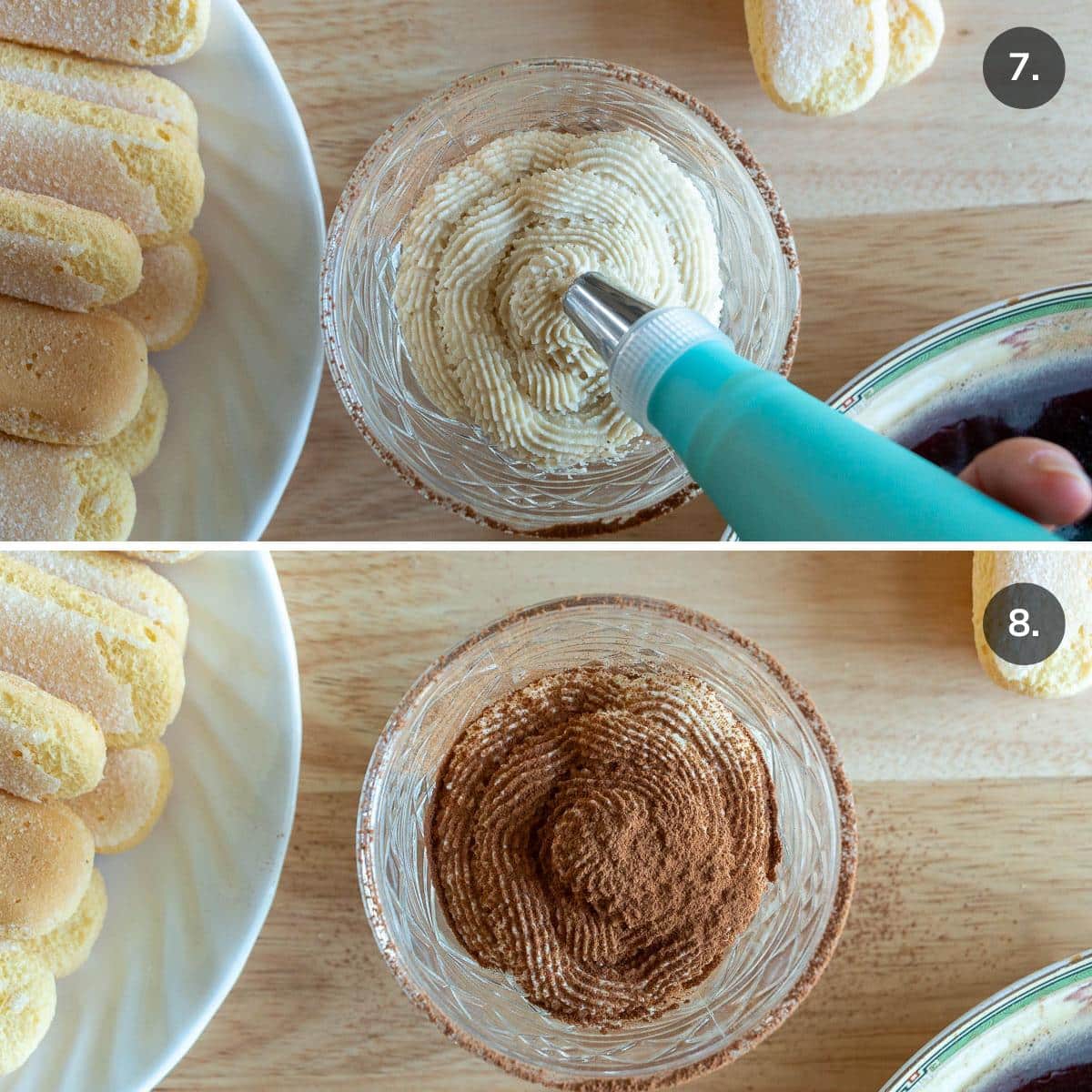 Piping mascarpone cream into the cup and dusted with unsweetened cocoa powder.
