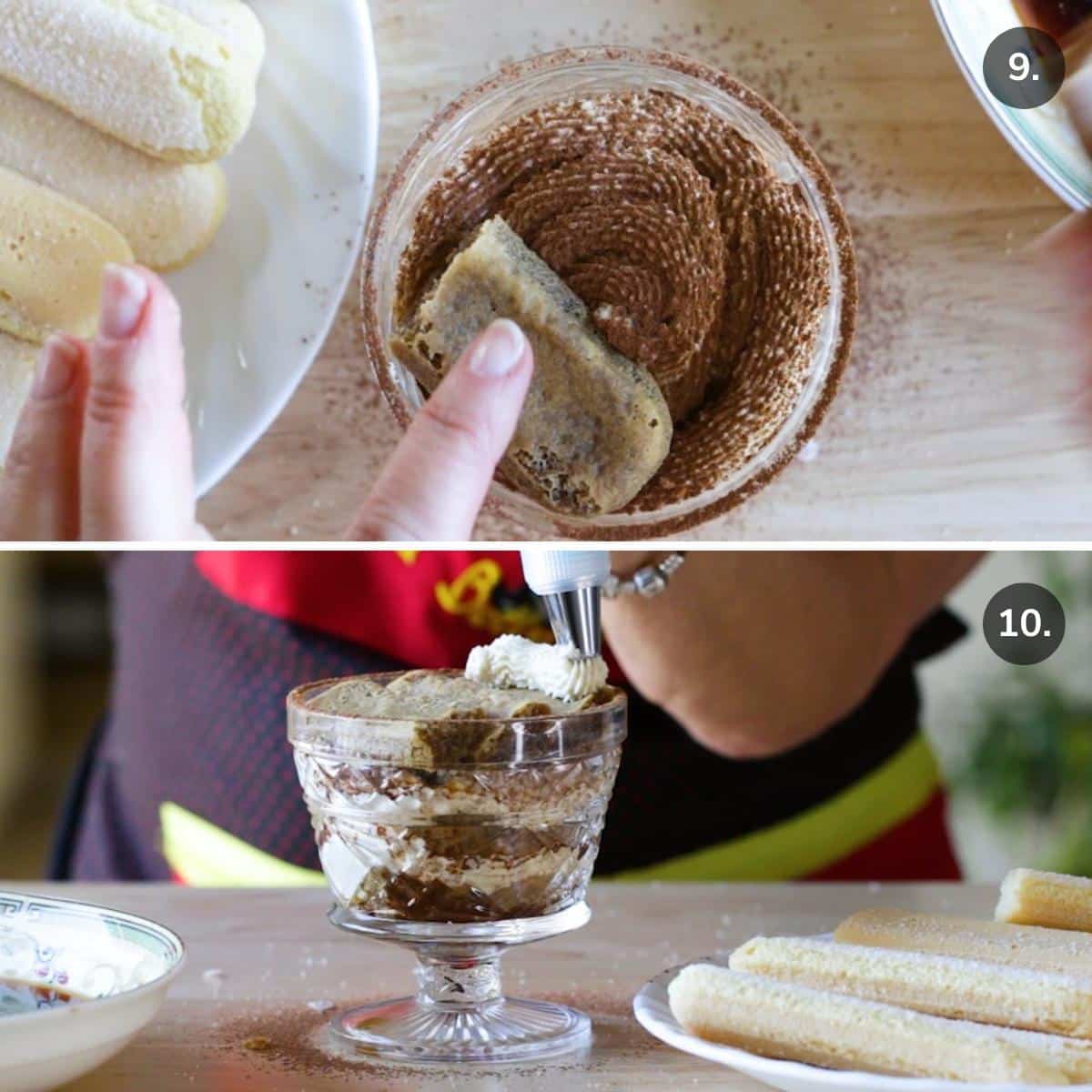 Adding another layer of espresso and Frangelico dipped Savoiardi biscuits and adding in more cream on top.