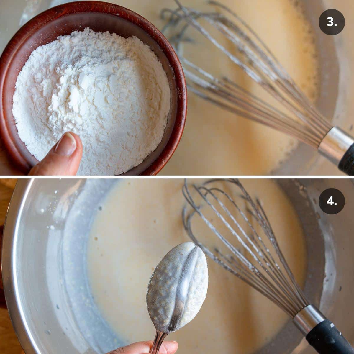 Rice flour and cornstarch added to dosa batter to a perfect consistency that lightly coats the back of the spoon