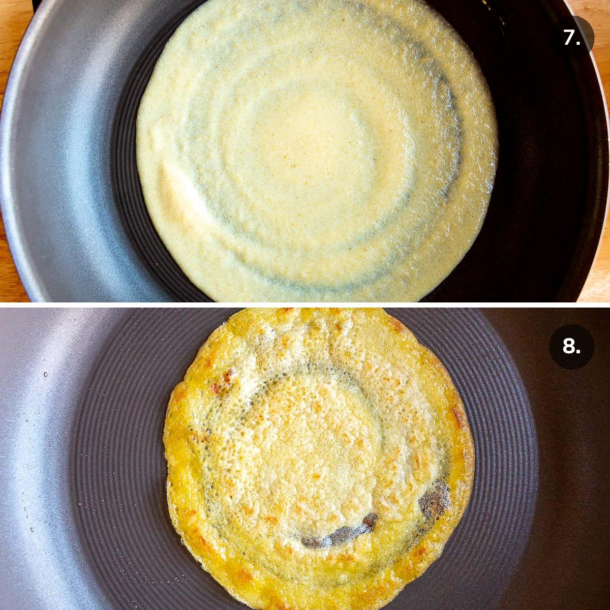 Dosa with rice flour batter spread in a pan and then turned when golden brown.