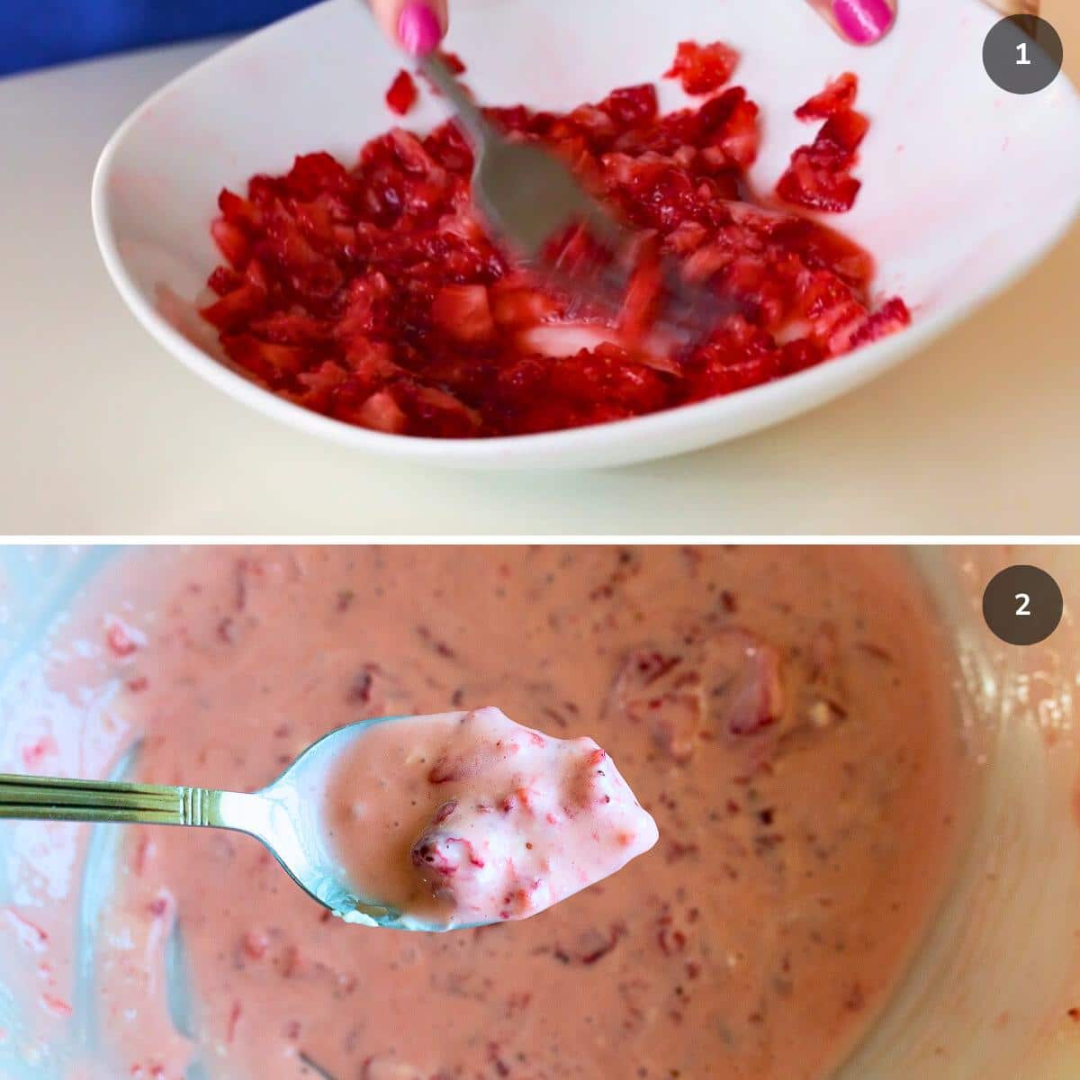 Mashing fresh strawberries and mixing with the cream cheese. 